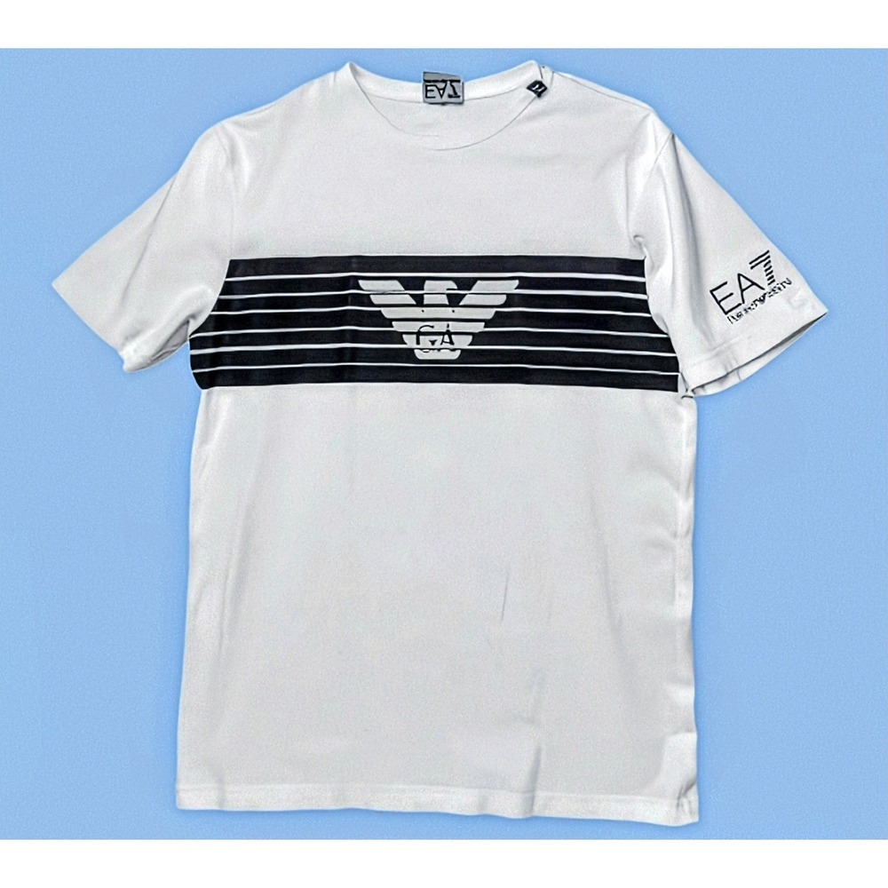 Size L Mens EA7 Emporio Armani T-Shirt White Black Stripe Eagle Logo Graphic Tee